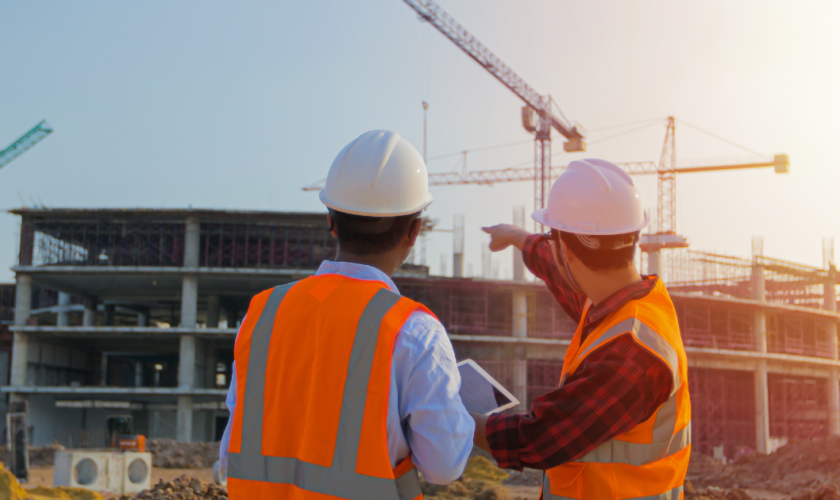 Ouvriers de dos en plein travail sur un chantier de construction